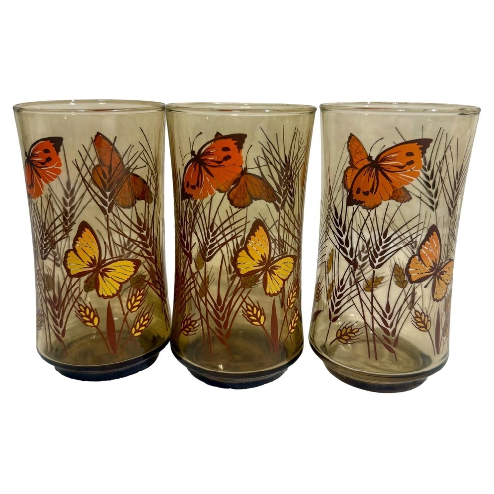 Vintage Libbey Amber Glass Butterfly Wheat Tumblers Set of 3 Harvest 1970s MCM
